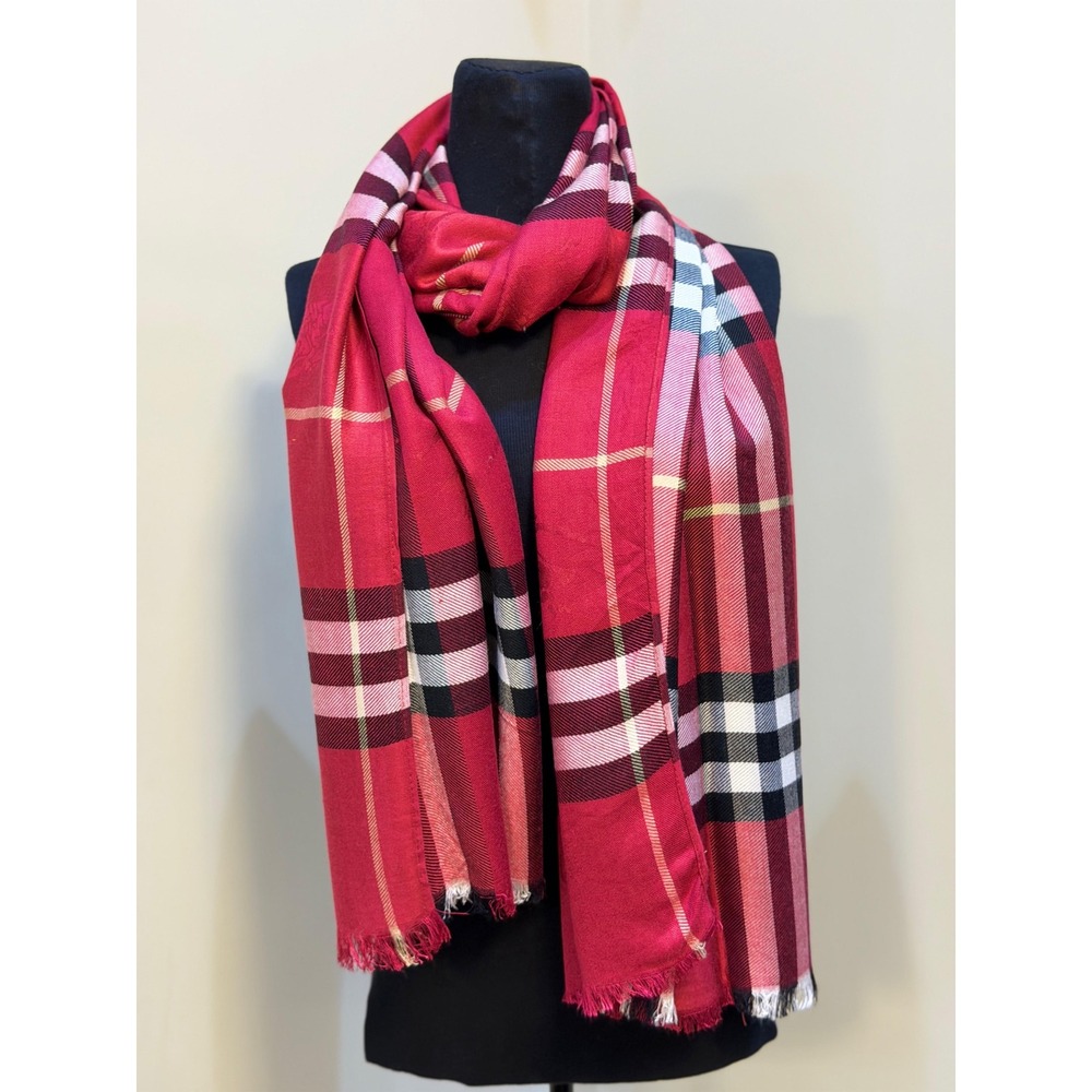 Burberry London Red Giant Check 100% Cashmere Scarf Made in England Shawl